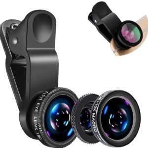 Universal HD Camera Lens Kit 180 Degree Fish Eye+0.65X Wide Angle+10X Macro Lens Glass & Aluminum Alloy Shot Clip Attachments Compatible with iPhone iPad Android Smartphone & Tablets