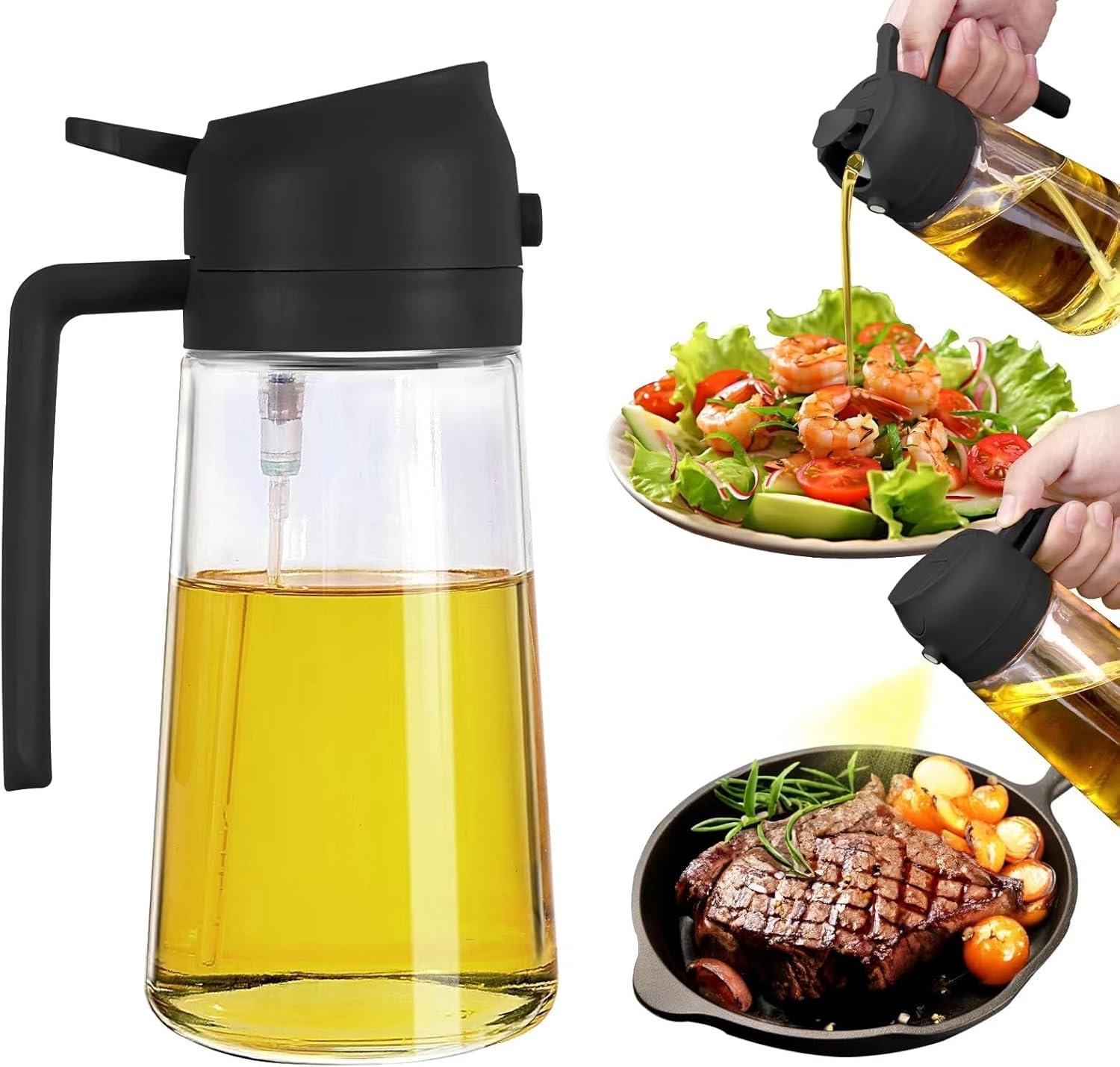 Premium Glass Oil Dispenser Bottle with Precision Pour Spout and Ergonomic Handle, Leakproof Olive Oil Dispenser for Kitchen, Cooking, Frying, Salad Dressing, BBQ, and Food Preparation, Refillable Clear Oil Container with Modern Design