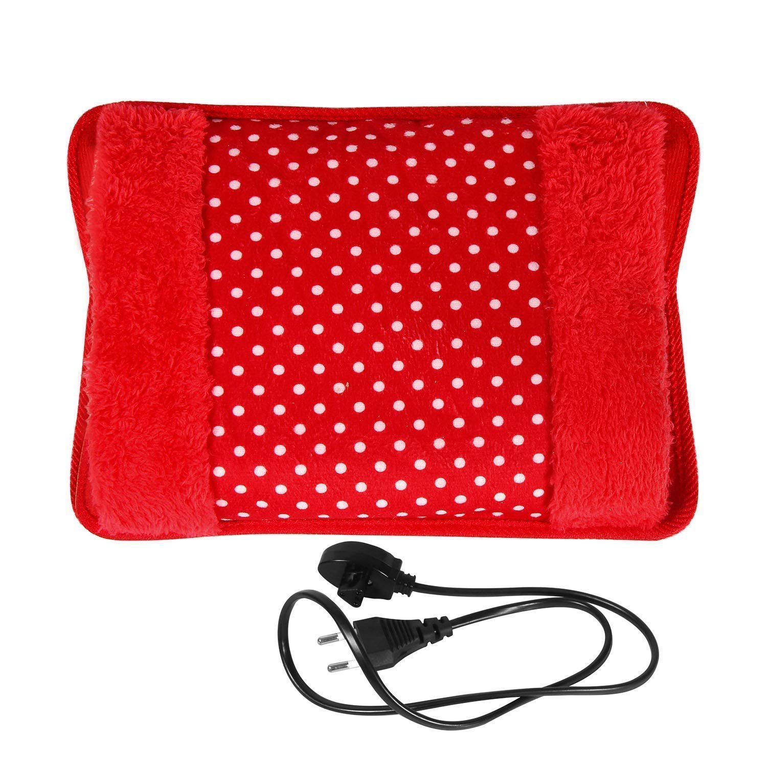Soft Plush Electric Heating Pad – Red Polka Dot Hot Water Bag with Furry Cover, Portable Rechargeable Warm Compress Pillow for Pain Relief, Period Cramps, Back, Neck & Winter Warmth