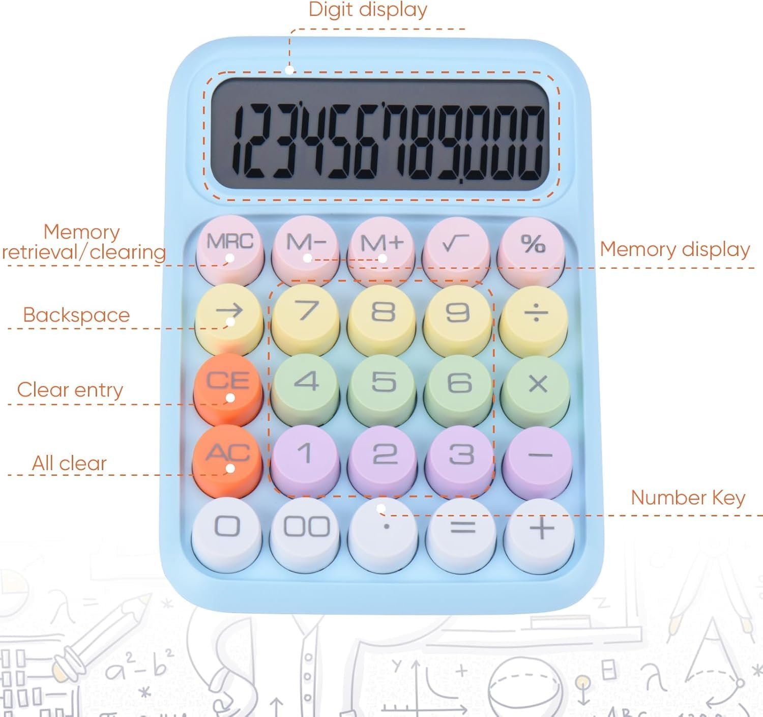 Blue Cute Candy Colored Basic Calculator 12-Digit, Large LCD Display, Sugar Cube Buttons, Desktop Office School Supplies - Image 4