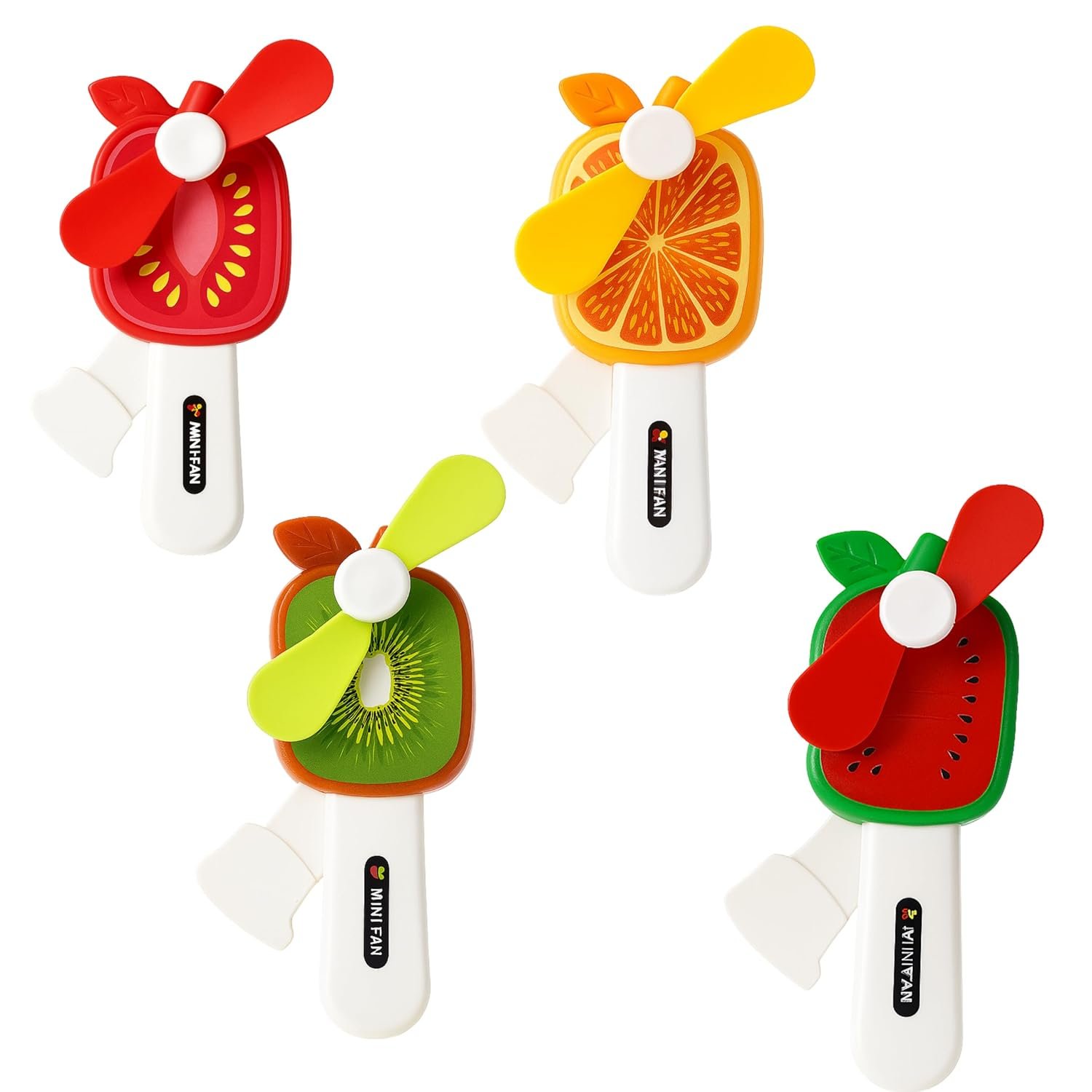 Mini Fruit Hand Fan for Kids – 4 Cute Designs (Watermelon, Kiwi, Orange, Apple) | Manual Squeeze Fan with Bigger Soft Blades, Strong Airflow | Safe, Portable Summer Toy