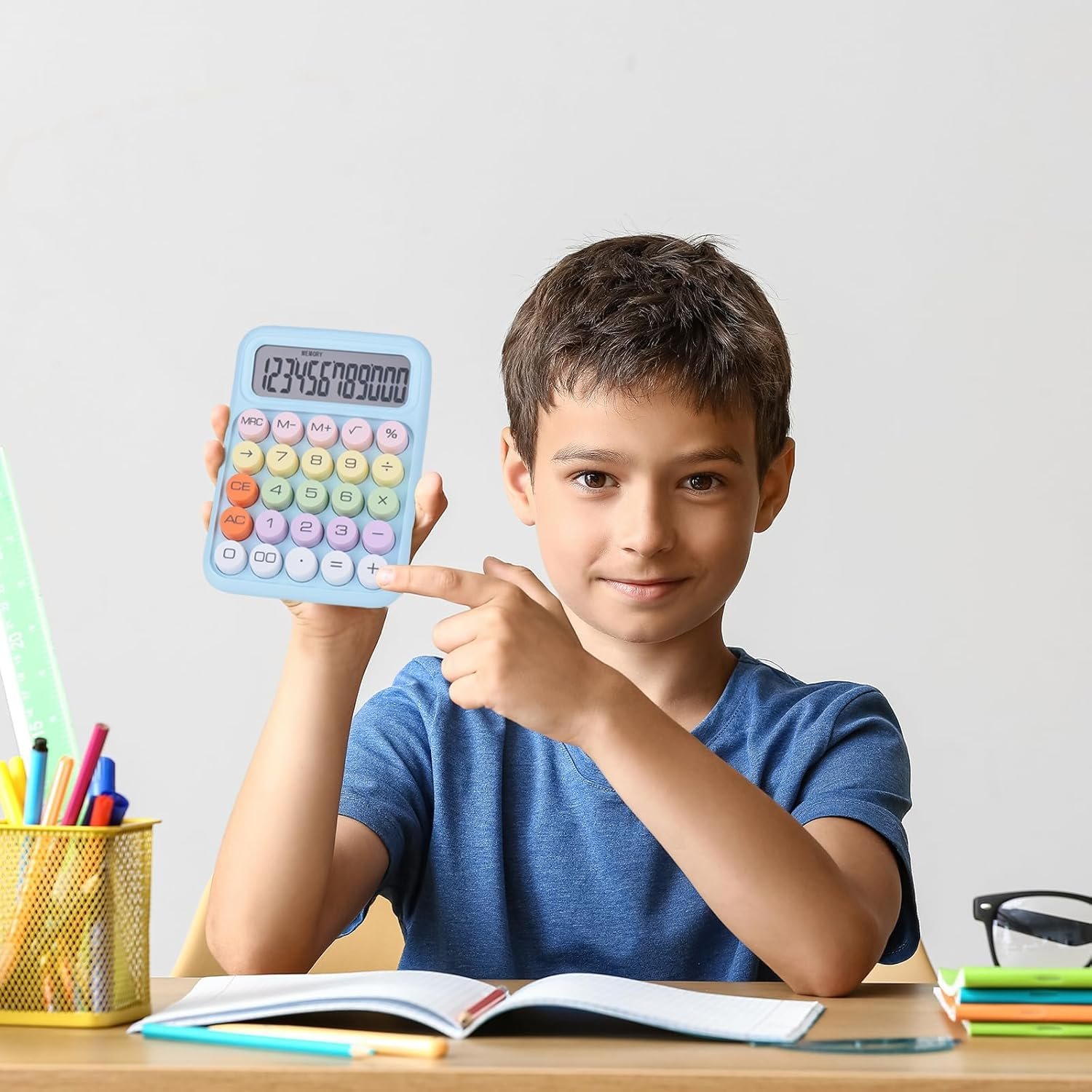 Blue Cute Candy Colored Basic Calculator 12-Digit, Large LCD Display, Sugar Cube Buttons, Desktop Office School Supplies - Image 2