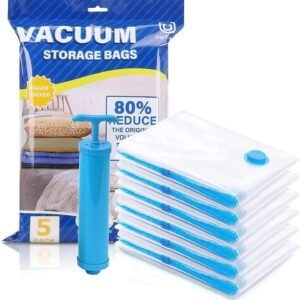 Vacuum Storage Bags for Clothes with Hand Pump – 5-Pack Space Saver Bags for Travel & Home – Self-Compression Organizer for Blankets, Comforters, Jackets & Sweaters (Vacuum Storage Bags)