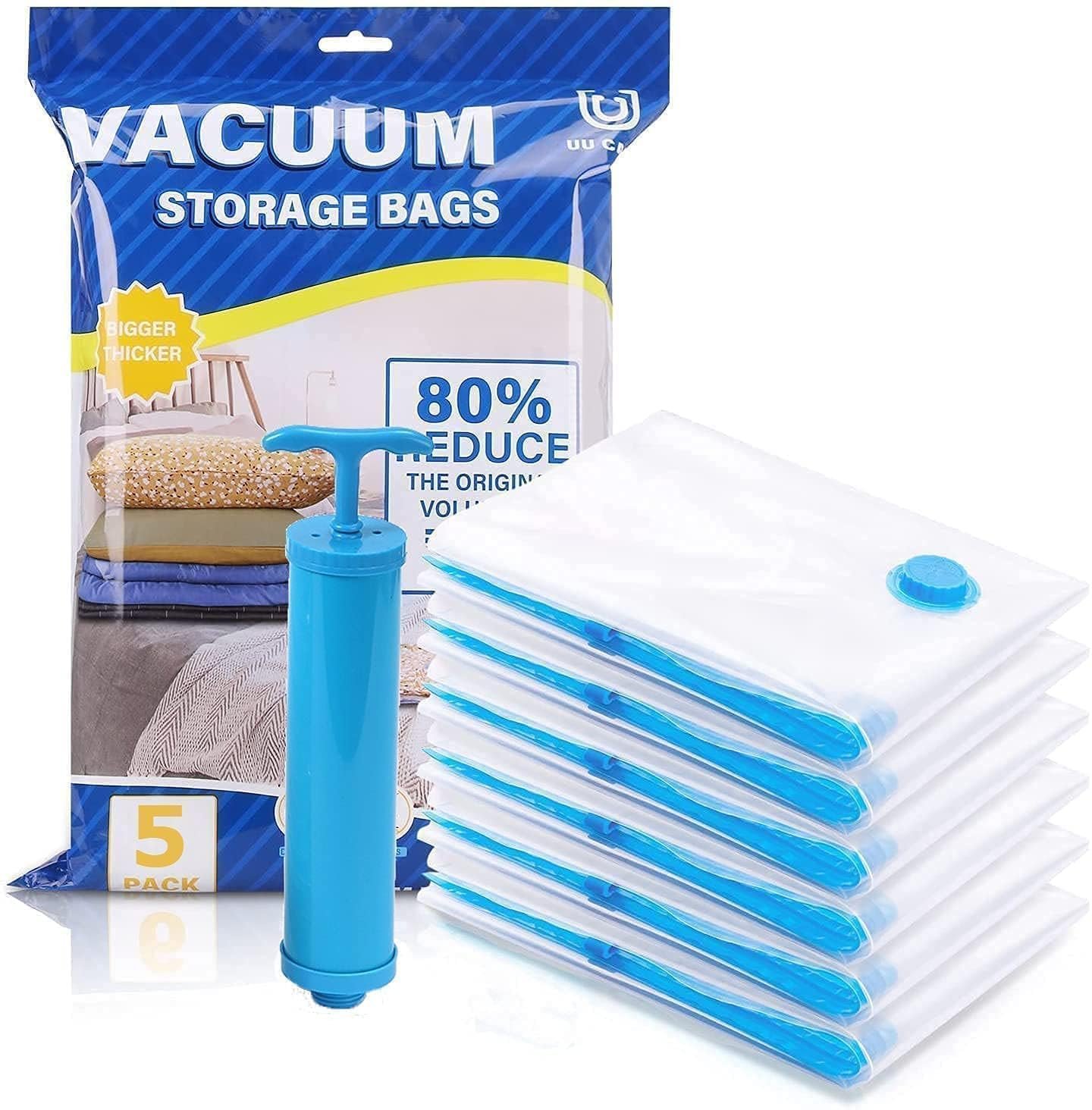 Vacuum Storage Bags for Clothes with Hand Pump – 5-Pack Space Saver Bags for Travel & Home – Self-Compression Organizer for Blankets, Comforters, Jackets & Sweaters (Vacuum Storage Bags)