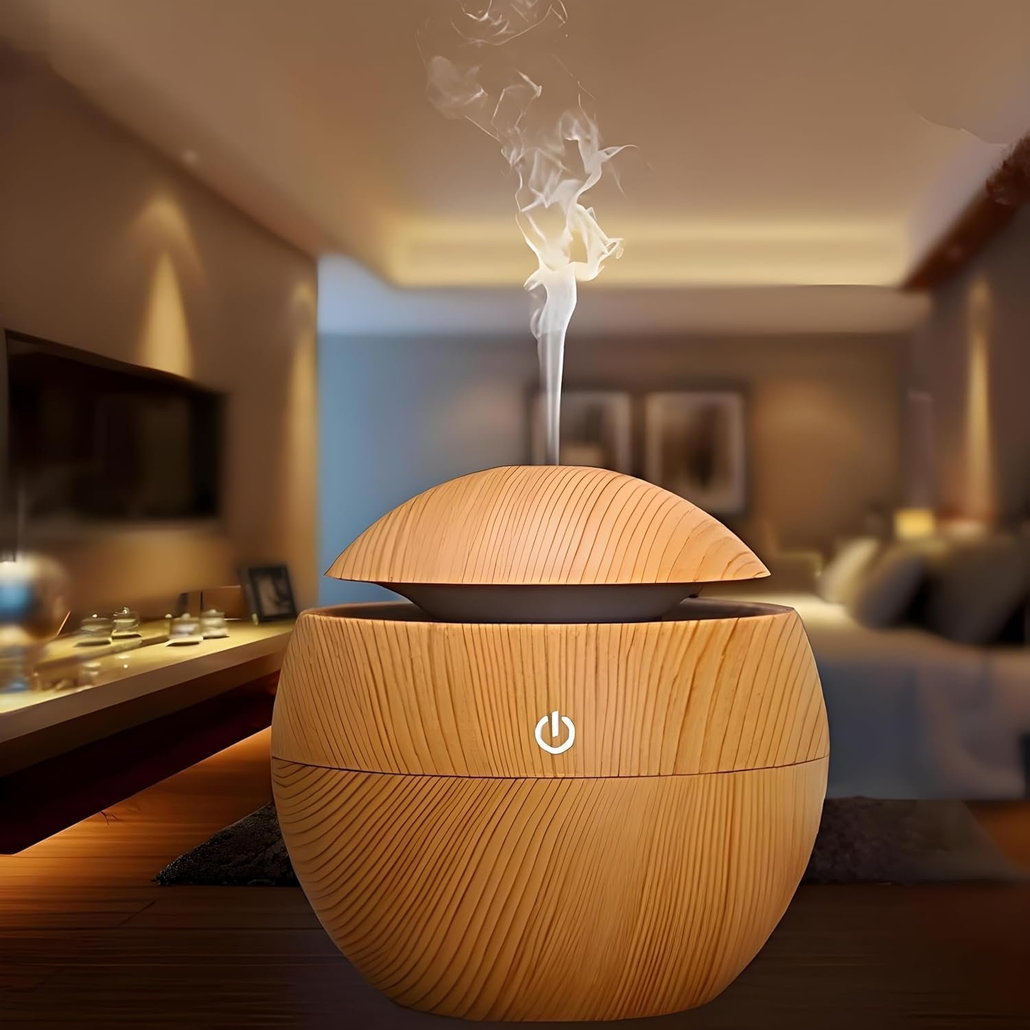 Round Wooden Humidifier Ultrasonic Cool Mist Aroma Diffuser with LED Night Light Portable USB Air Humidifier for Home, Office, Bedroom, Yoga Stylish Wood Grain Design (Multicolor) - Image 8