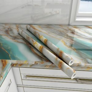 Vinyl Peel and Stick Waterproof Wallpaper for Old Furniture Self Adhesive and Removable Surfaces for Home Cabinet Oil Proof Kitchen Countertop Stickers (1, Ocean Sky Gold(60x200cm))