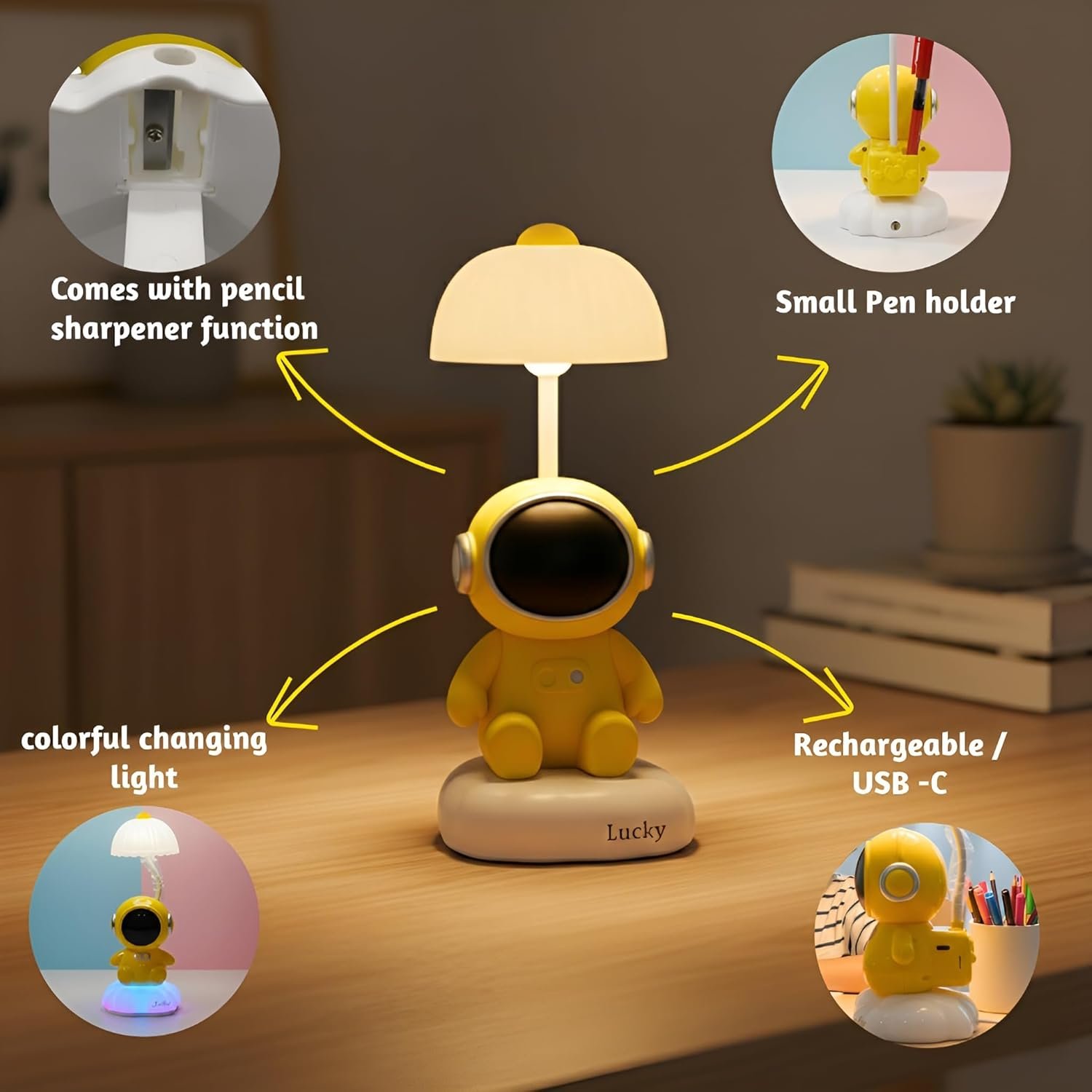 Astronaut Table Lamp with Pen Holder 3 Brightness Modes Rechargeable LED Desk Lamp for Kids Night Light for Bedroom Dim Light Side Table Gift for Kids & Students - Image 5