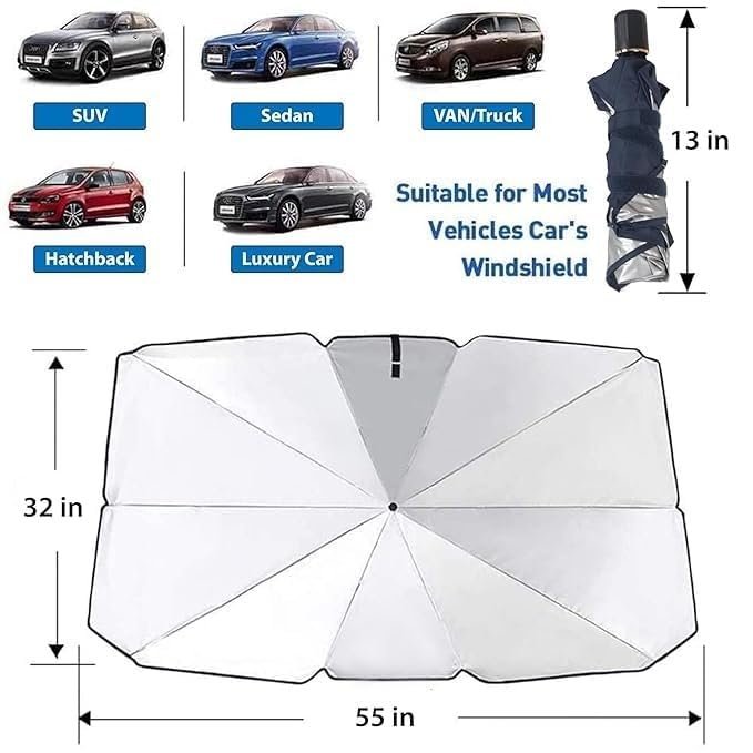 Windshield Umbrella Car Sun Shade Cover Robust Protection for car's Front Window with Heat Insulation and UV Shielding, Sun Protection Shield, Full Cover Foldable Sun Shade for Car - Black - Image 7
