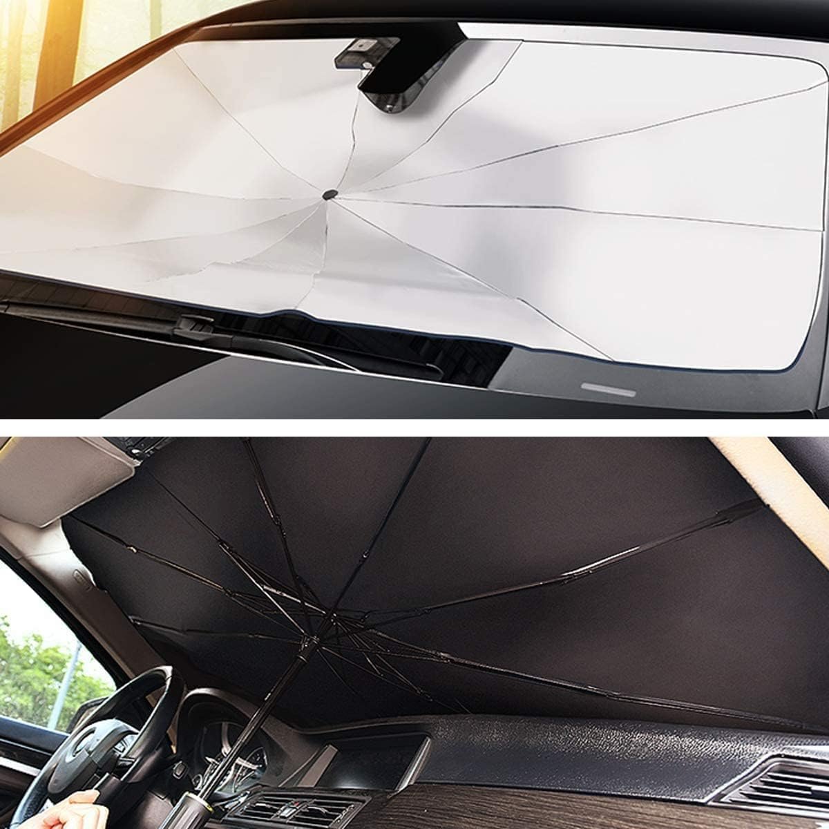 Windshield Umbrella Car Sun Shade Cover Robust Protection for car's Front Window with Heat Insulation and UV Shielding, Sun Protection Shield, Full Cover Foldable Sun Shade for Car - Black - Image 2