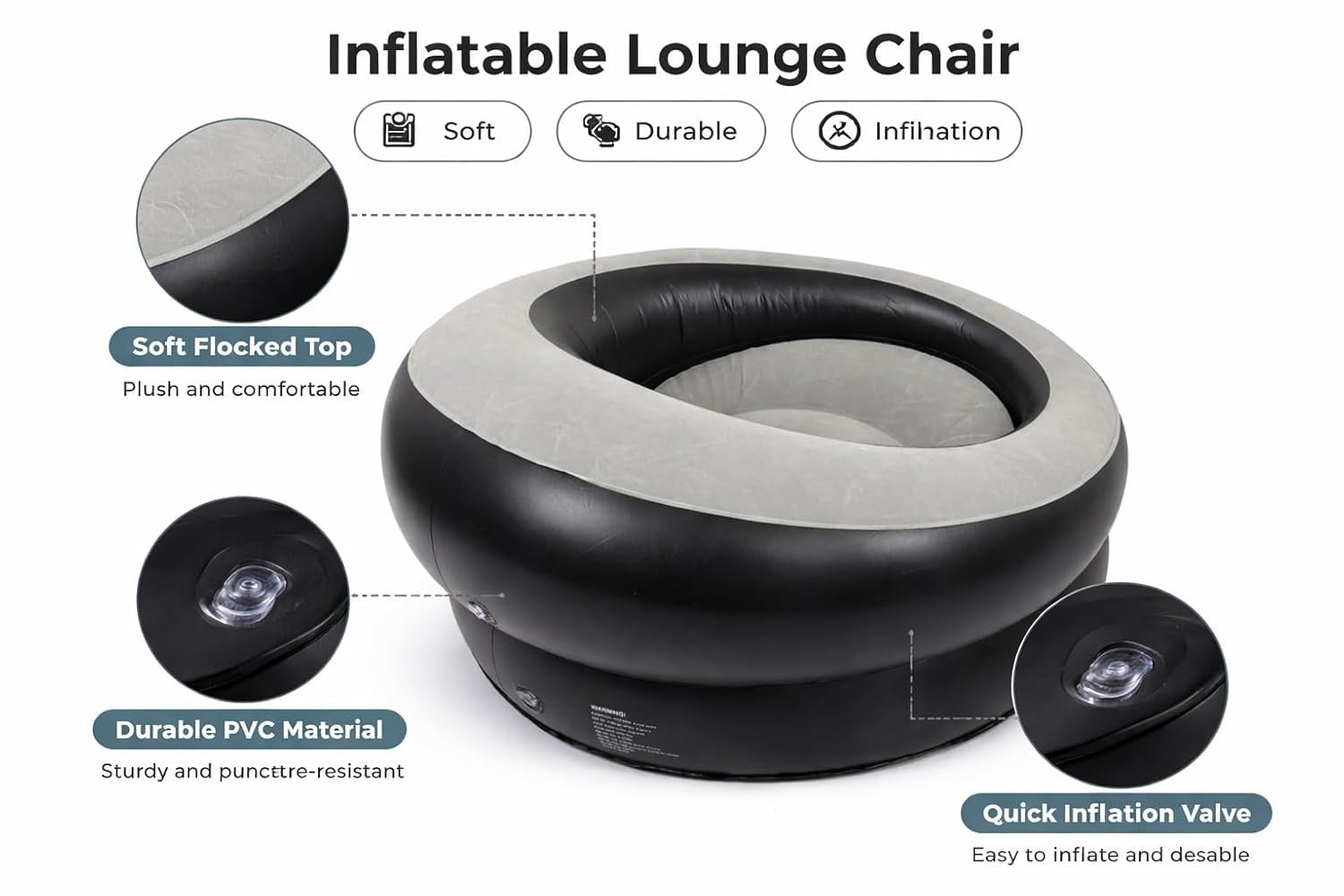 Single Inflatable Air Chair, Ergonomic Blow Up Couch Air Lazy Sofa Fast Inflation and Leakage Free, Flocking Surface Inflatable Lounge Chair for Indoor & Outdoor Festive Home, Xmas Relaxation - Image 5