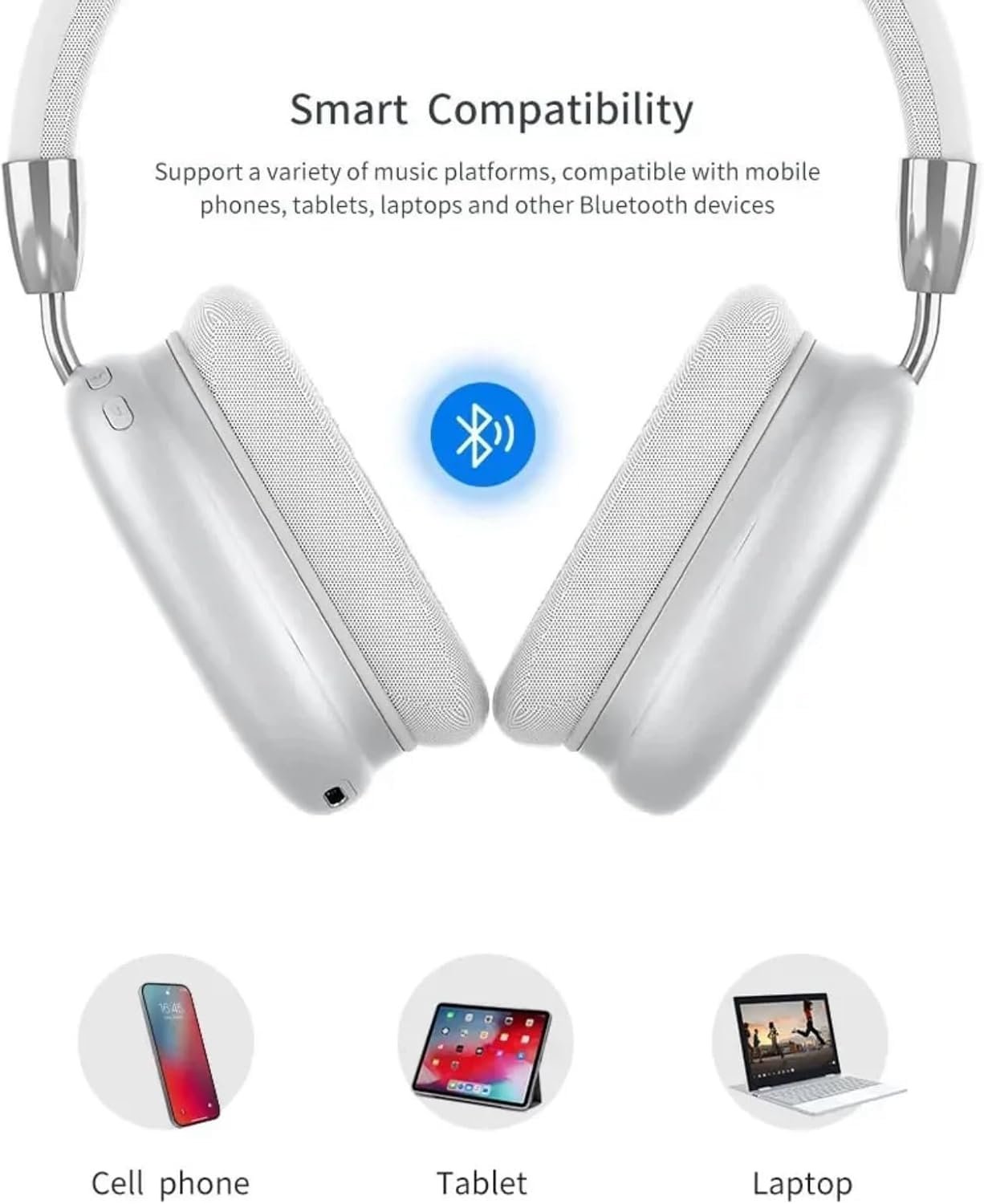 P9 Wireless, Bluetooth 5.1 Over Ear Stereo, Ergonomic Adjustable Design, 24 Hours Battery Life, Hi-Fi Sound, Wireless Headset for Music & Calls Bluetooth Headset with Mic (White) - Image 3