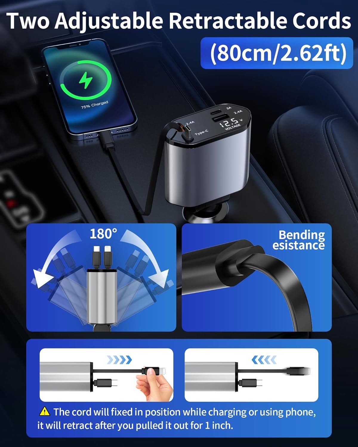 Retractable Car Charger, 4 in 1 Fast Charging Car Charger with USB-C & USB-A, Compatible with iPhone 17/16/15/14/13/12/11,Galaxy,Pixel, Car Accessories for Men Women Drivers - Image 7