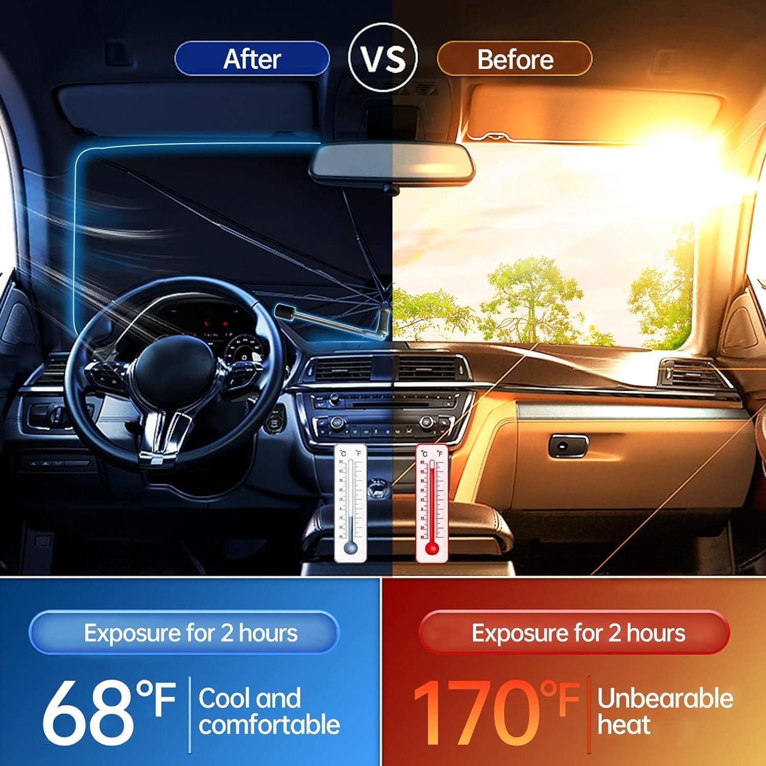 Windshield Umbrella Car Sun Shade Cover Robust Protection for car's Front Window with Heat Insulation and UV Shielding, Sun Protection Shield, Full Cover Foldable Sun Shade for Car - Black - Image 6