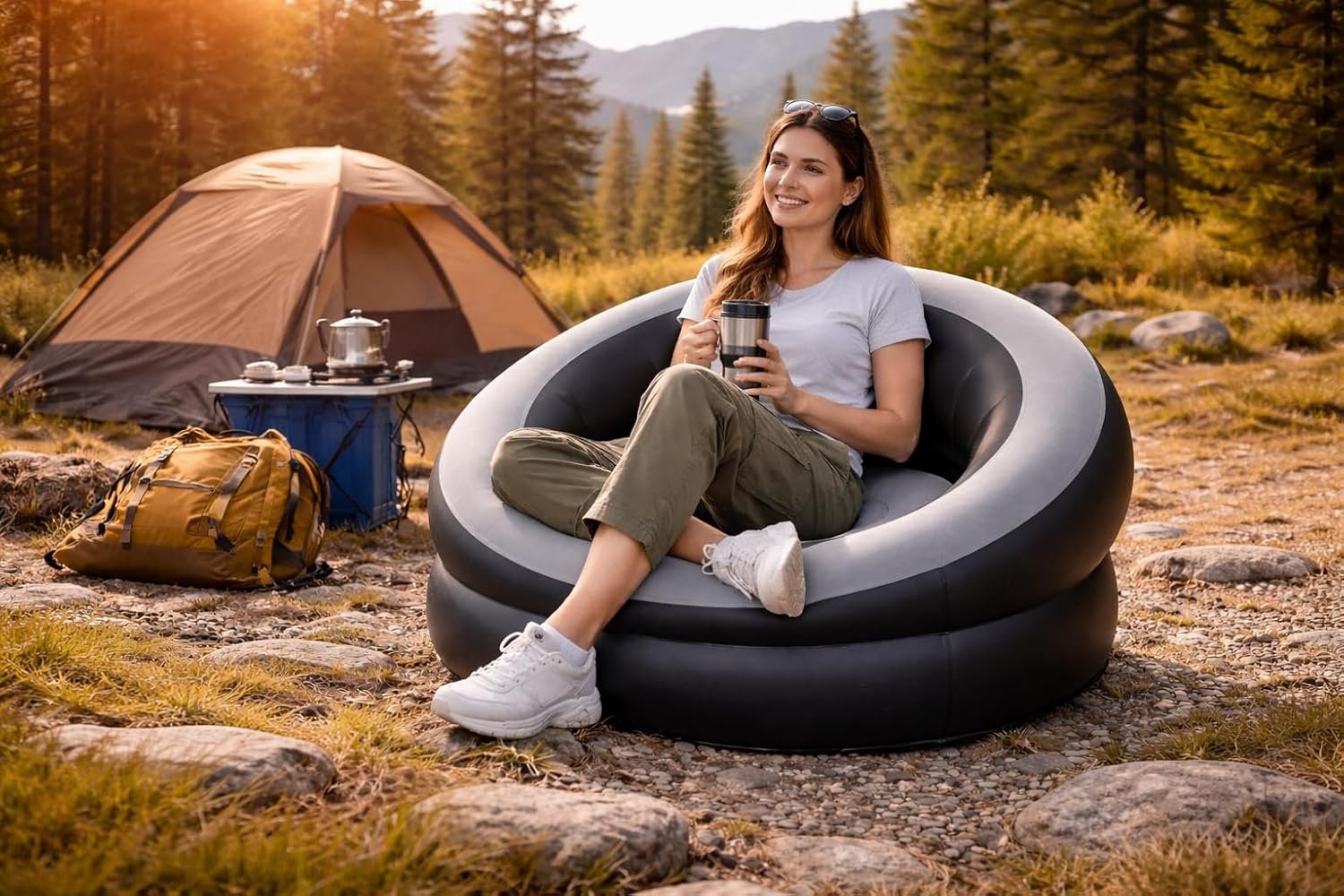 Single Inflatable Air Chair, Ergonomic Blow Up Couch Air Lazy Sofa Fast Inflation and Leakage Free, Flocking Surface Inflatable Lounge Chair for Indoor & Outdoor Festive Home, Xmas Relaxation - Image 3