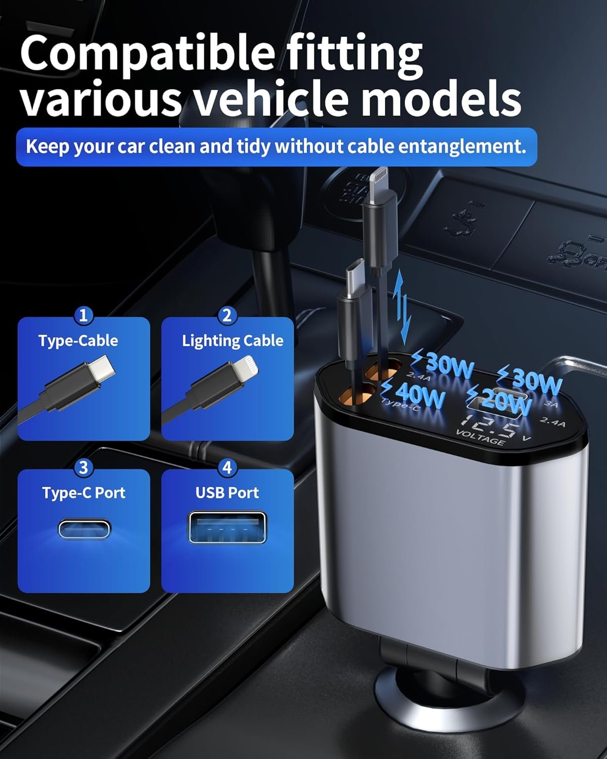 Retractable Car Charger, 4 in 1 Fast Charging Car Charger with USB-C & USB-A, Compatible with iPhone 17/16/15/14/13/12/11,Galaxy,Pixel, Car Accessories for Men Women Drivers - Image 4
