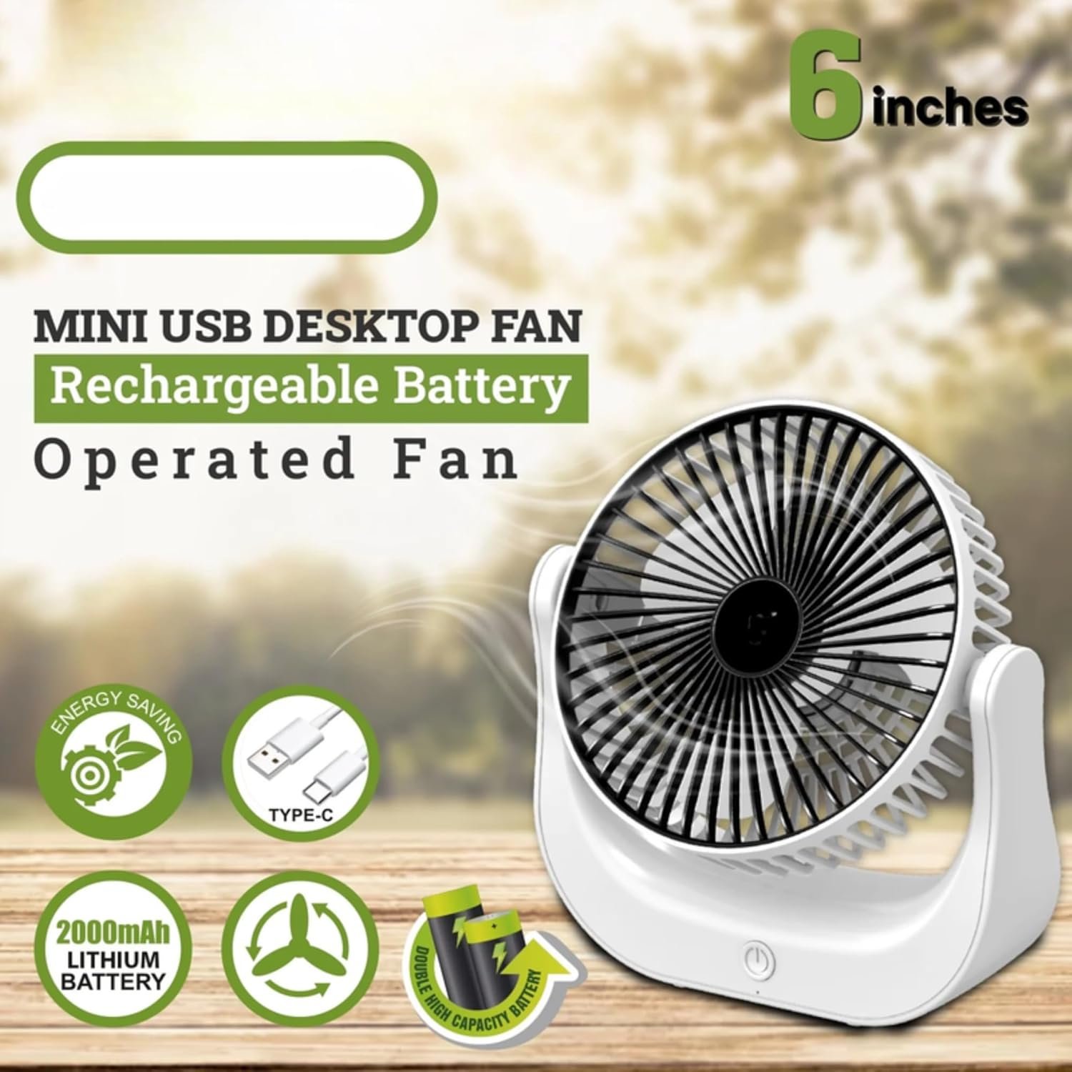 Mini USB Desktop Fan | 6-Inch Rechargeable Battery Operated Fan | 2000mAh Lithium Battery | Type-C Charging | Energy-Saving & Portable Table Fan for Home, Office & Travel - Image 3