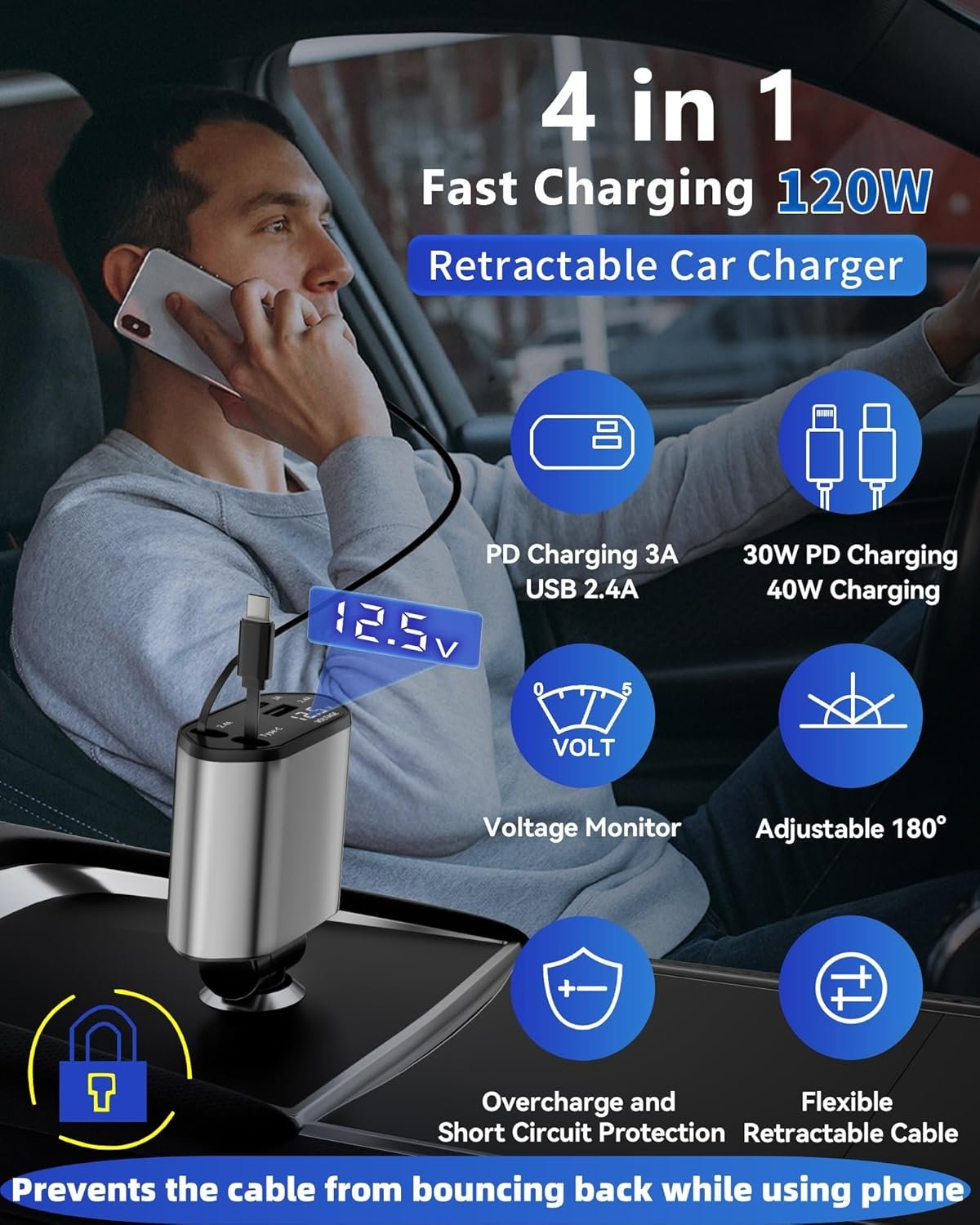 Retractable Car Charger, 4 in 1 Fast Charging Car Charger with USB-C & USB-A, Compatible with iPhone 17/16/15/14/13/12/11,Galaxy,Pixel, Car Accessories for Men Women Drivers - Image 6